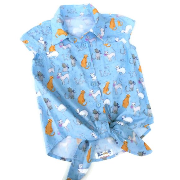 Vintage Grandma Made Blouse Tie Front Cats Blue